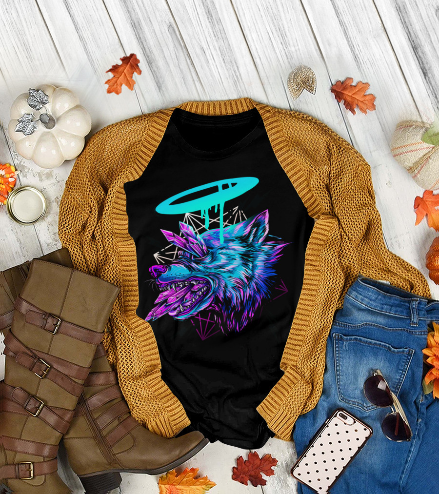 Crystal Wolf Neon Aura Geometric Shards T-Shirt