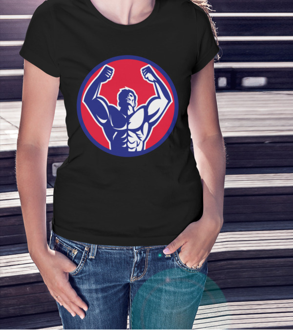 Body Builder Flexing Muscles Iconic Circle Symbol R T-Shirt