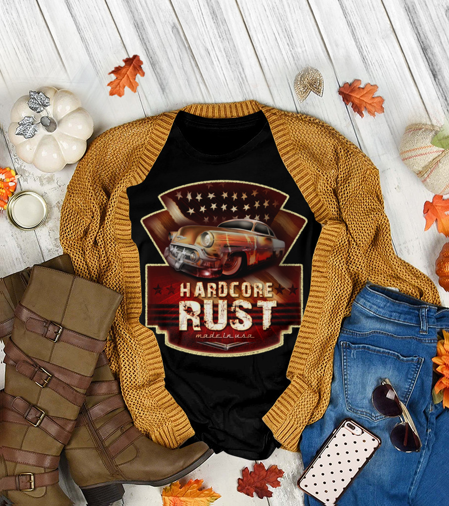 Hardcore Rust Made in USA Vintage Car and American Flag T-Shirt