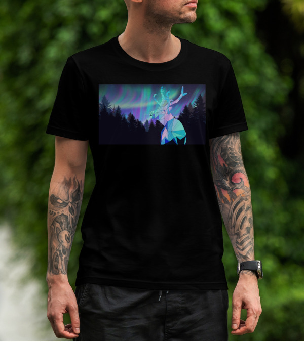 Aurora Borealis Geometric Reindeer Forest T-Shirt