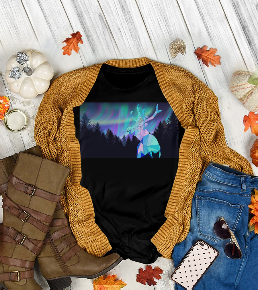 Aurora Borealis Geometric Reindeer Forest T-Shirt