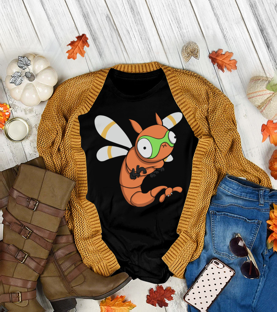 Derp Dragonflyr Cartoon Bug with Green Mask and Orange Wings T-Shirt