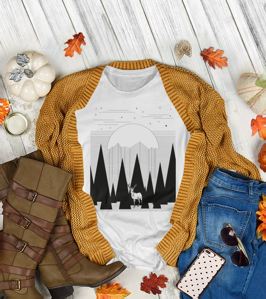 Geometric Moonlight Walk in Foggy Forest Beyond Deer T-Shirt