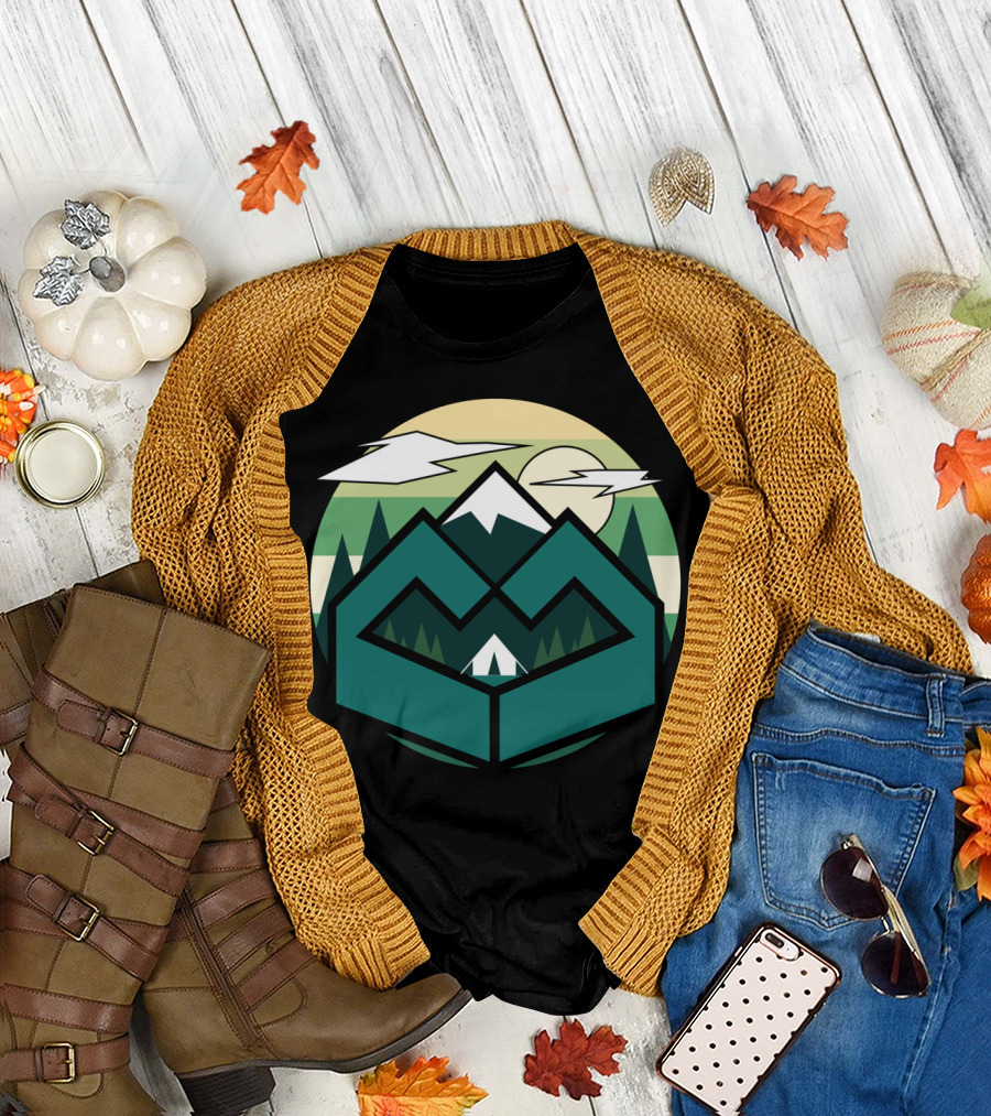 Geometric Green Forest Camper Mountain Landscape Pine Shapes T-Shirt