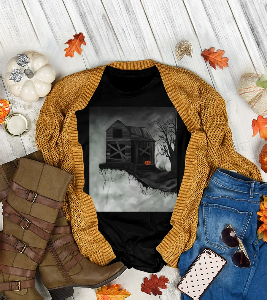 Haunted House with Creepy Tree and Smiling Pumpkin T-Shirt