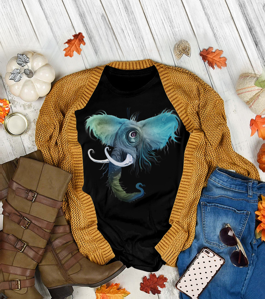Elephant Got The Blues Surreal Blue Elephant Face with Twisting Tusks T-Shirt