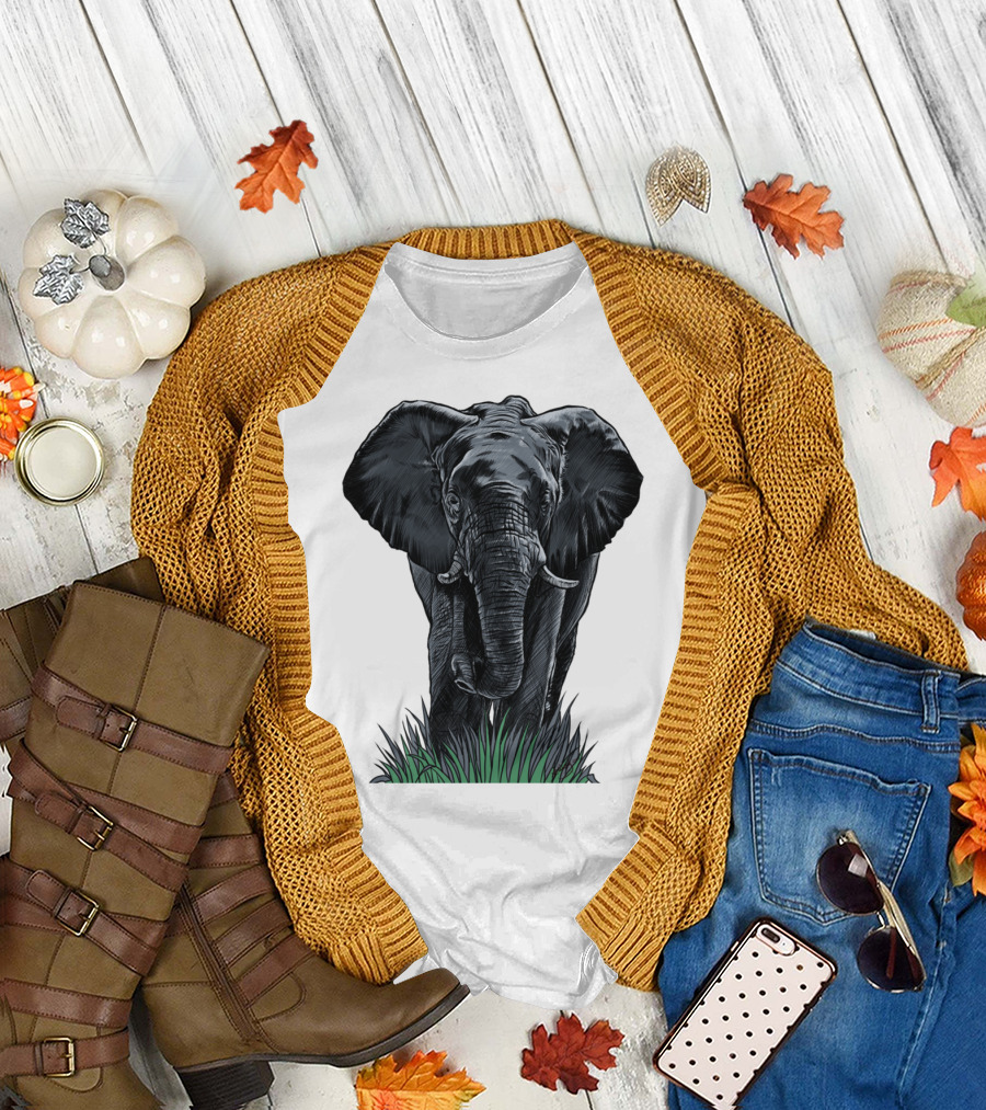 Elephant Line Art Majestic Wildlife Sketch in Grass T-Shirt