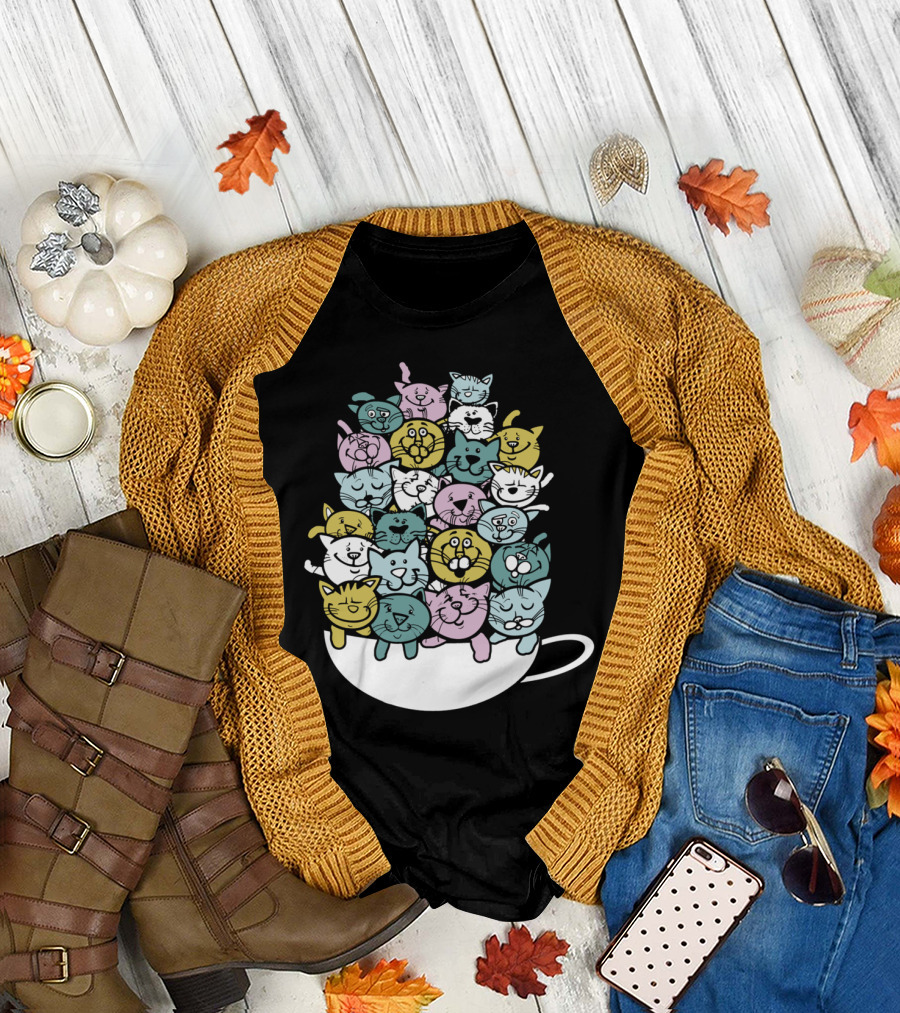 Cup Of Kittens Pile In Colorful Cartoon Mug T-Shirt