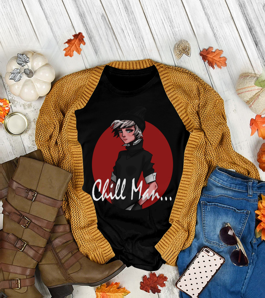 Chill Man. Anime Style Cool Character with Black Beanie T-Shirt
