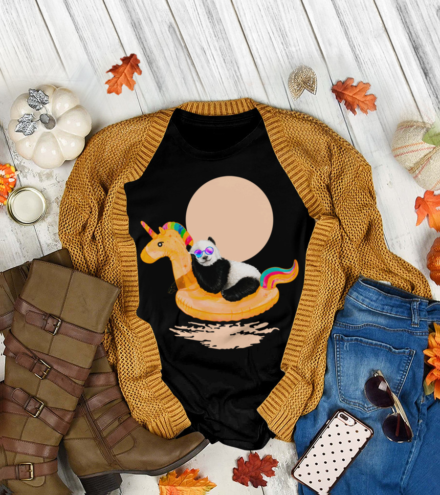 Chillin Panda on Colorful Unicorn Pool Float with Sunglasses T-Shirt