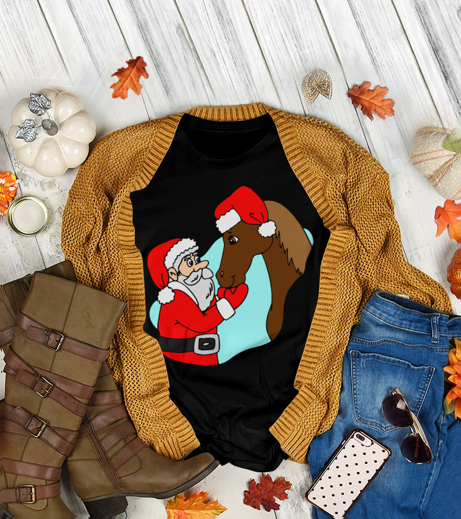 Santa Claus and Horse with Christmas Hats T-Shirt