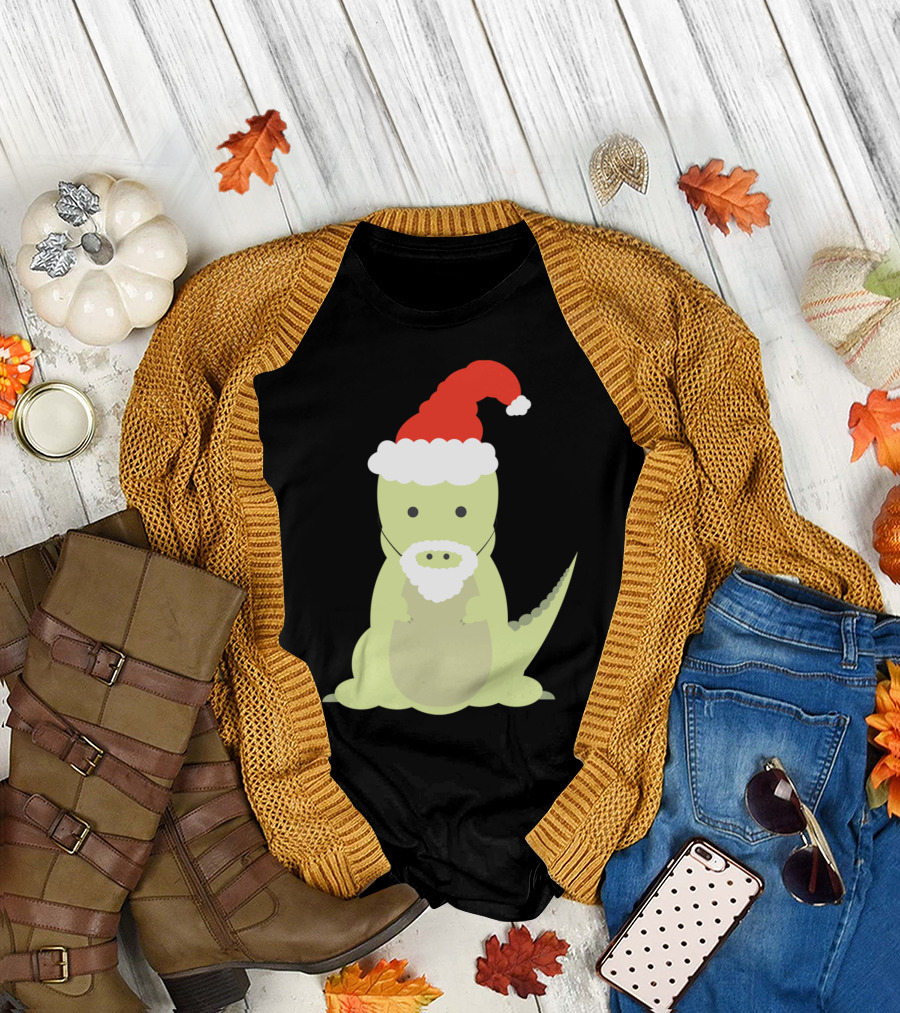 Santa Claws Dinosaur with Santa Hat and Beard T-Shirt