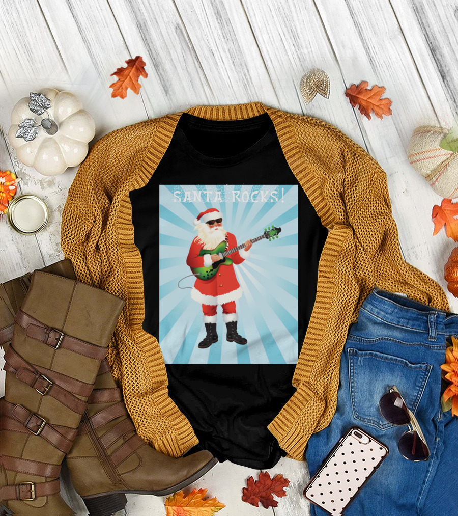 Santa Rocks Christmas Santa Playing Guitar Rock Star Santa T-Shirt