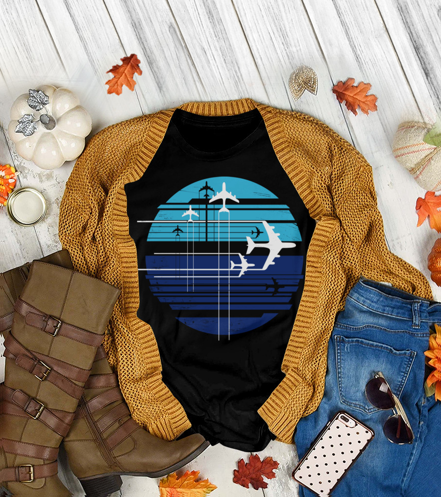 Geometric Airplanes in Striped Circular Sky T-Shirt