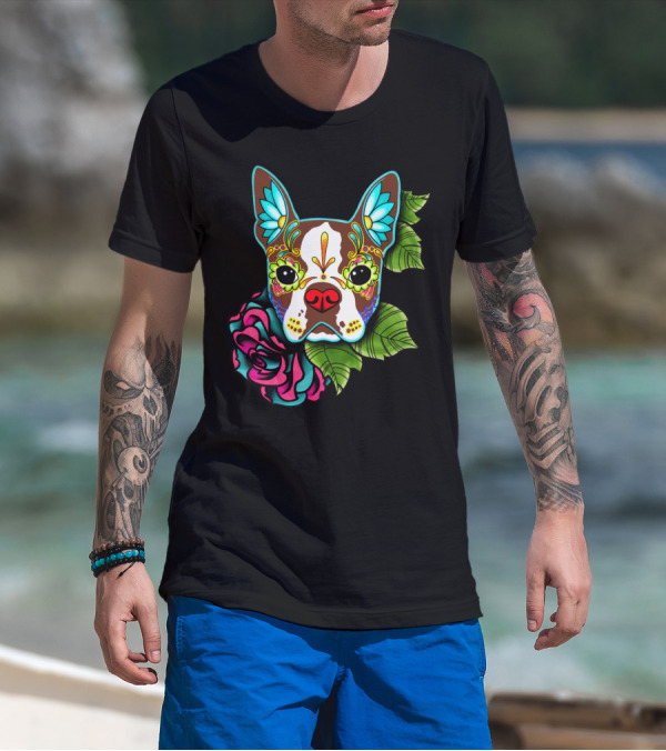 Boston Terrier Sugar Skull With Vibrant Floral Accents T-Shirt