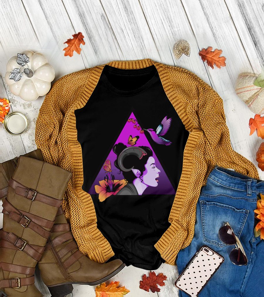 Satyr T Purple Hummingbird Butterfly Triangle Floral T-Shirt