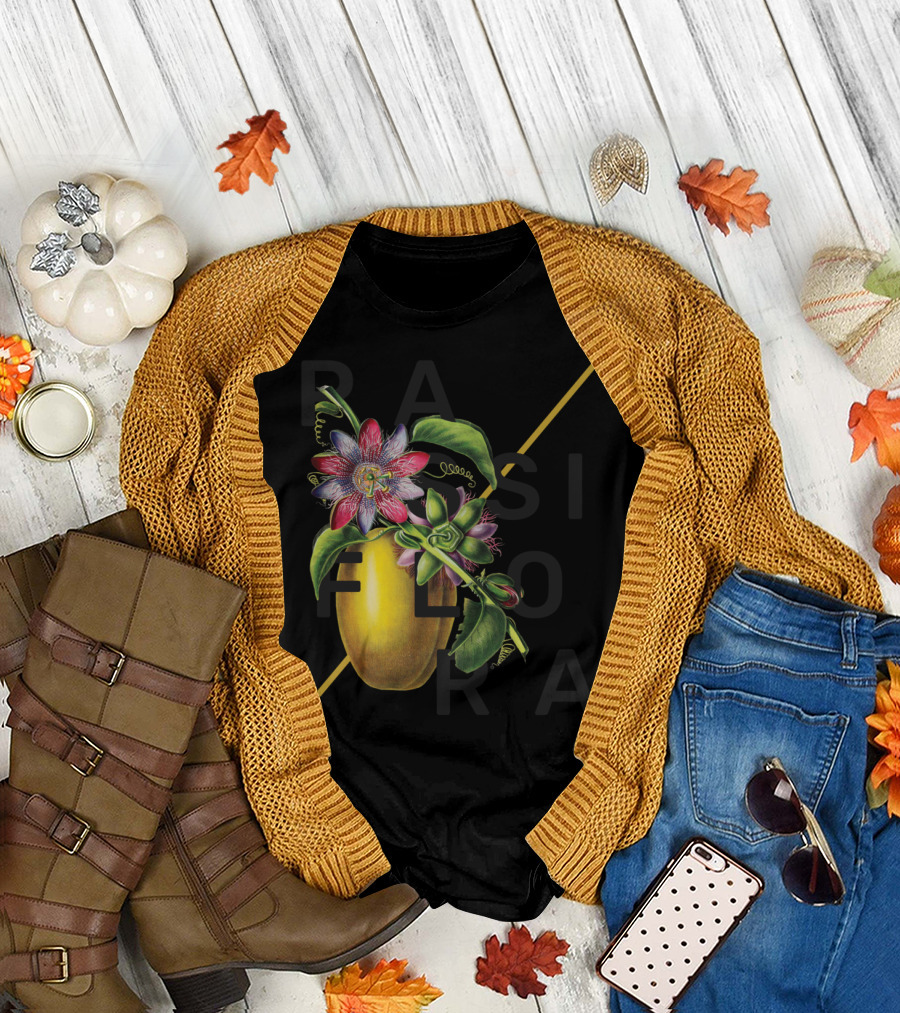 Botanical Passiflora Floral Fruit with Bold Text Elements T-Shirt