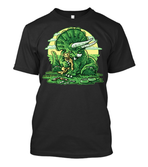 Triceratops Dinosaur Hugging Pet Dog With Bones And Bowls On Green Grass T-Shirt