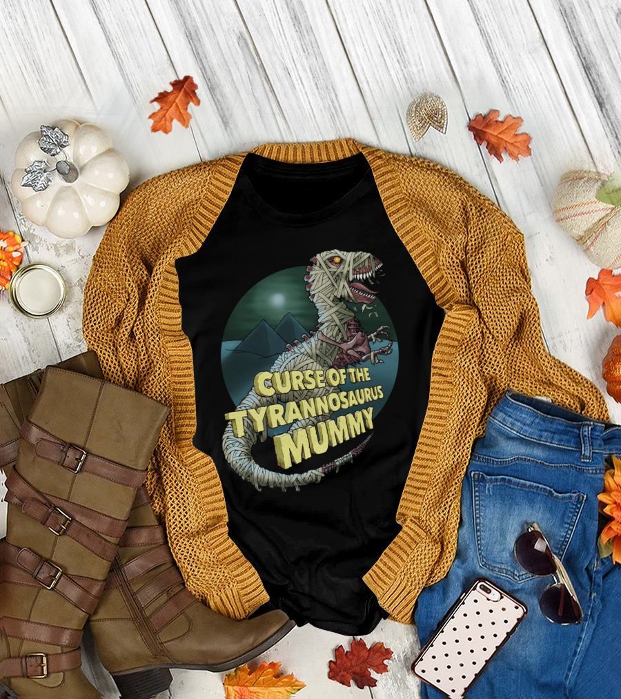 Curse of the Tyrannosaurus Mummy with Bandaged Dinosaur and Pyramids in Moonlit Desert T-Shirt