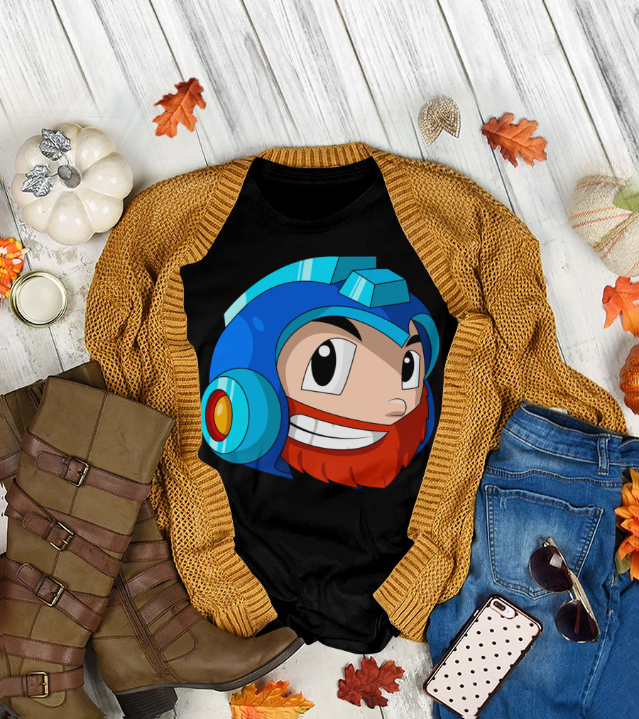Scarfino Mega Man Inspired Bearded Helmet Cartoon T-Shirt