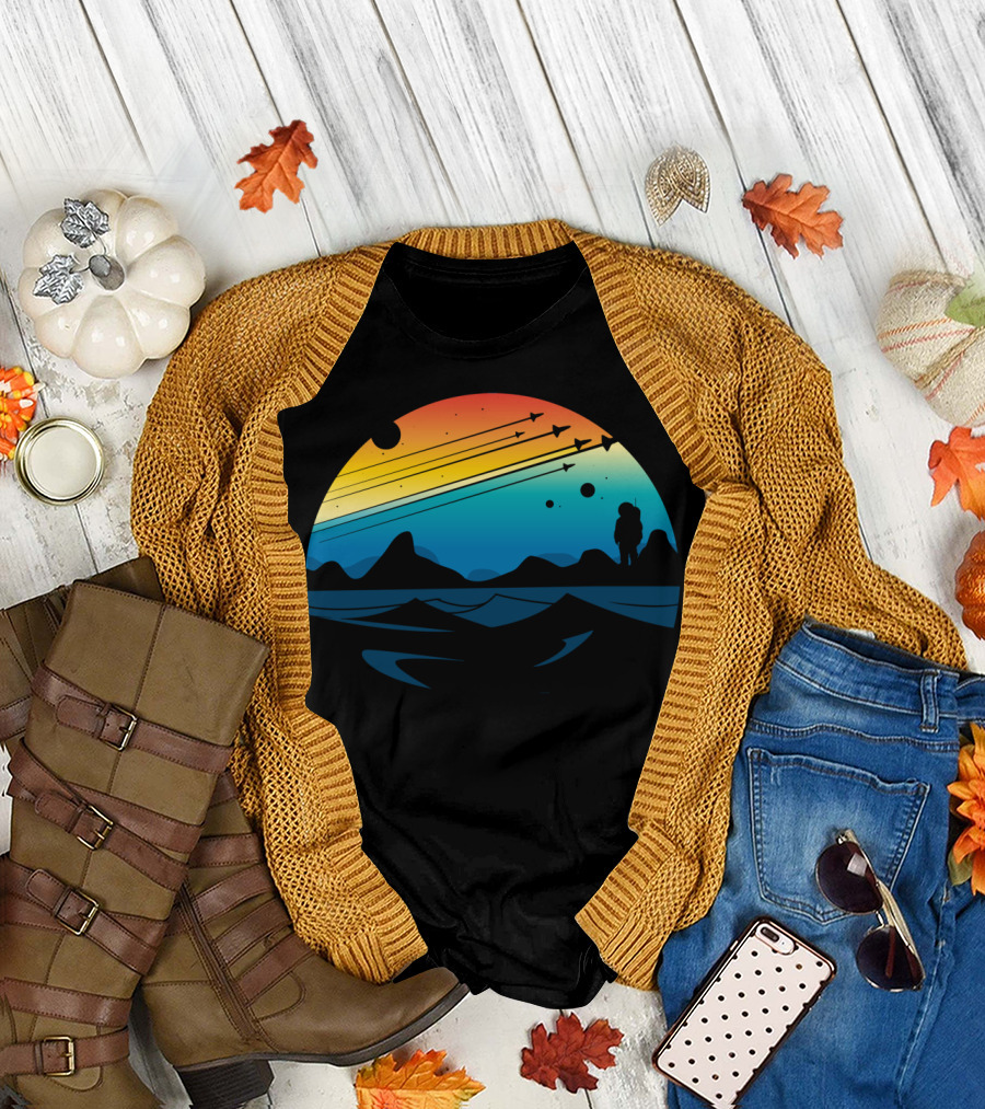 Scenic Colorful Space Shuttle Pilot View with Astronaut and Planets T-Shirt