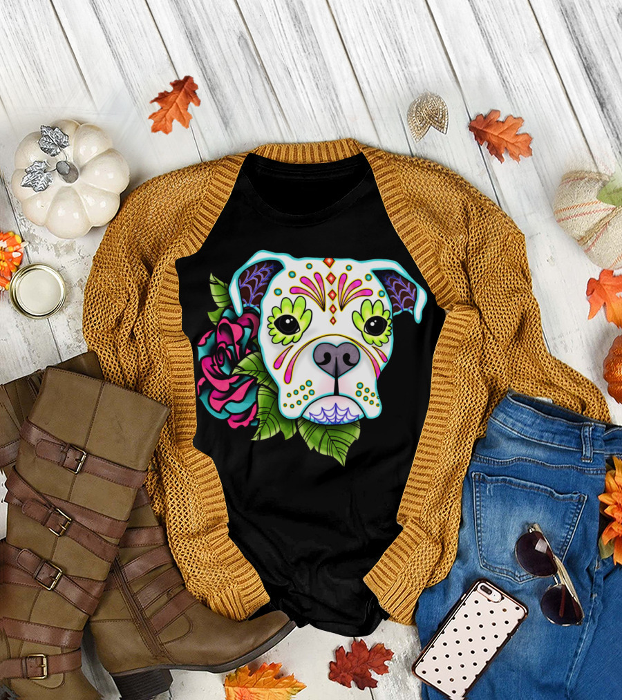 Day Of The Dead Boxer Sugar Skull Dog With Flowers T-Shirt