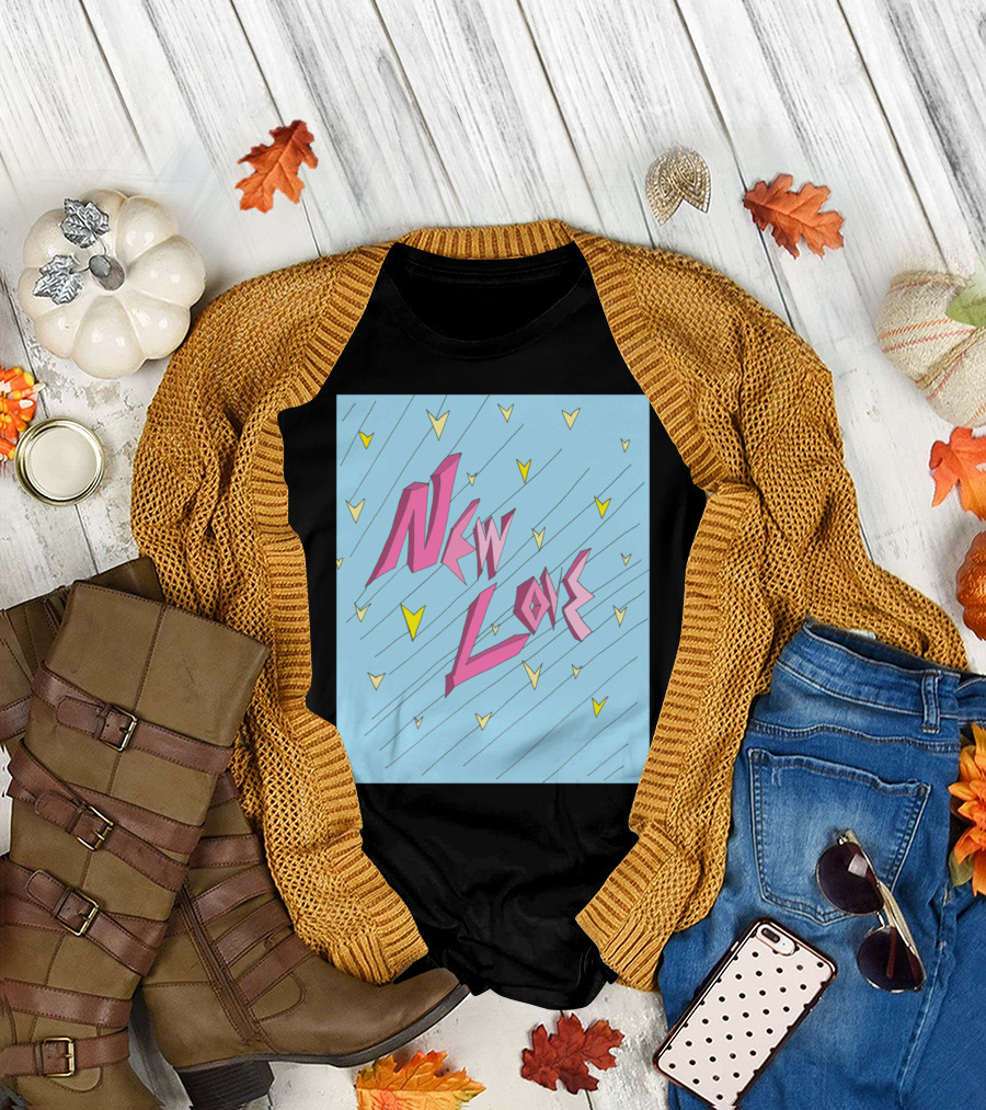 New Love By A with Pastel Yellow Hearts and Abstract Blue Background T-Shirt