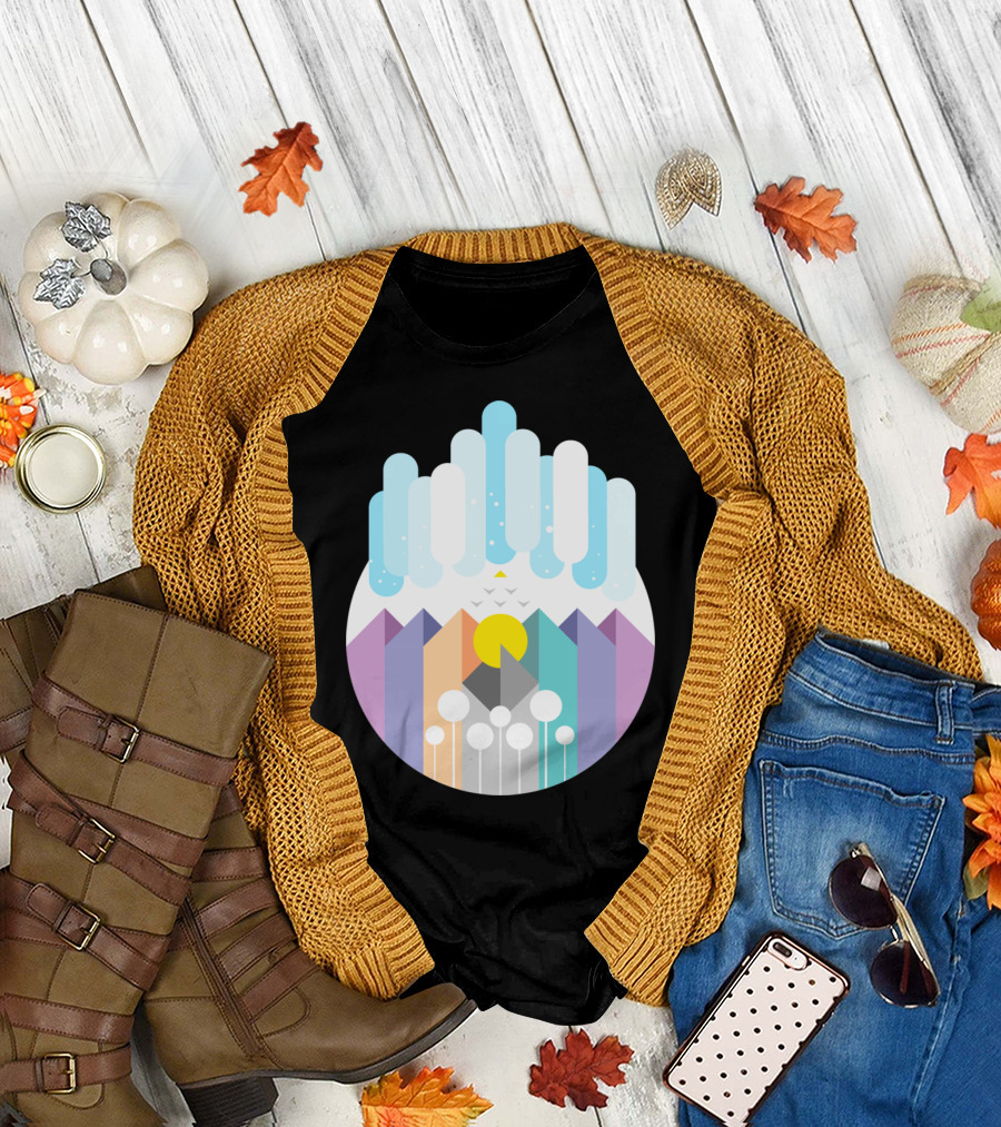 Geomy Geometric Landscape with Pastel Mountains and Abstract Sky Elements T-Shirt