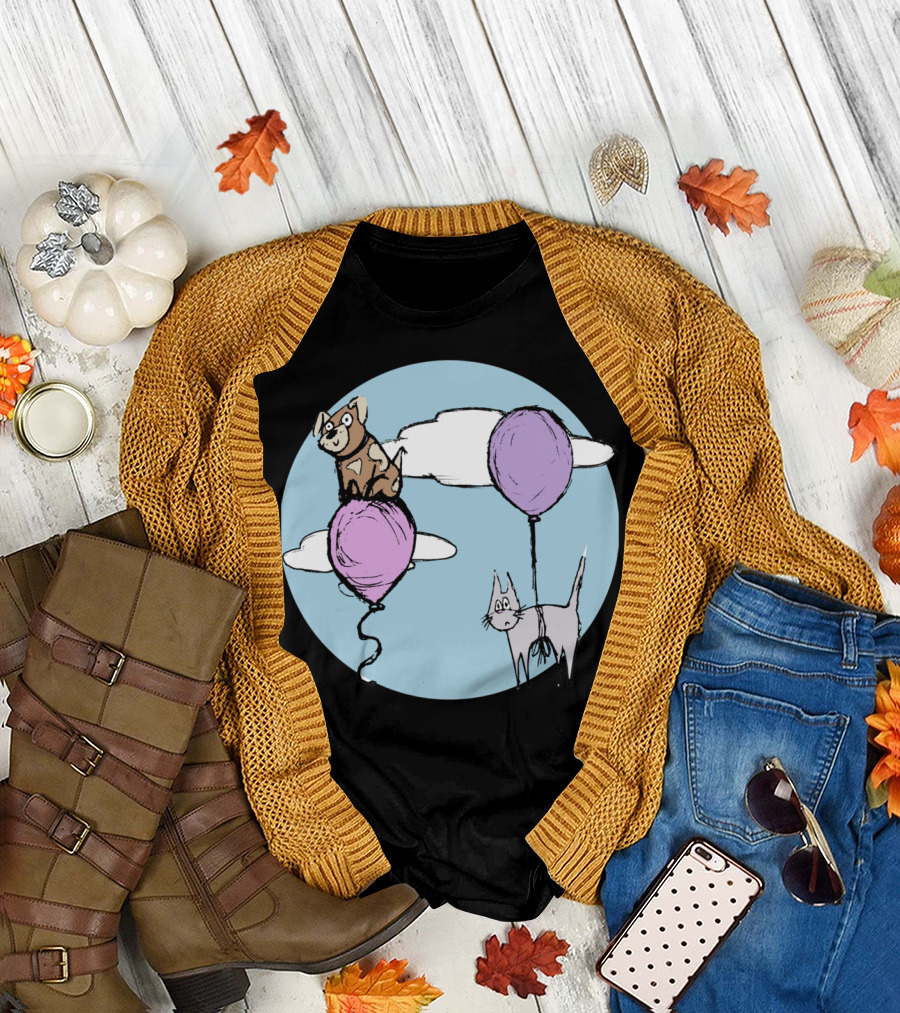 Trust And Concern Dog and Cat on Balloons in the Clouds T-Shirt