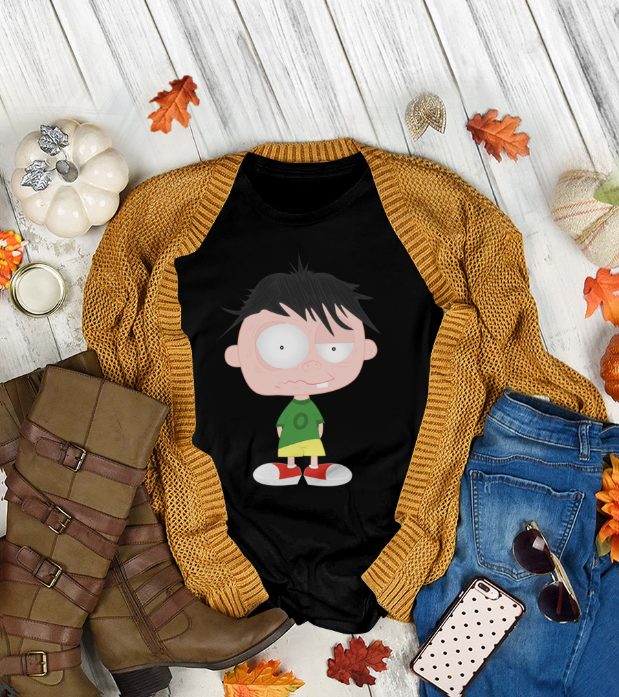 Boy in Green Shirt with Cartoon Style and Big Eyes T-Shirt