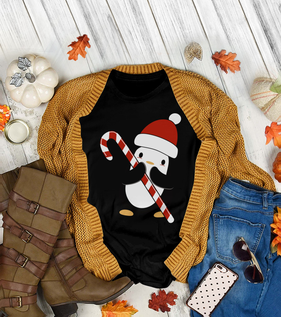 Christmas Penguin Holding Candy Cane Santa Hat T-Shirt
