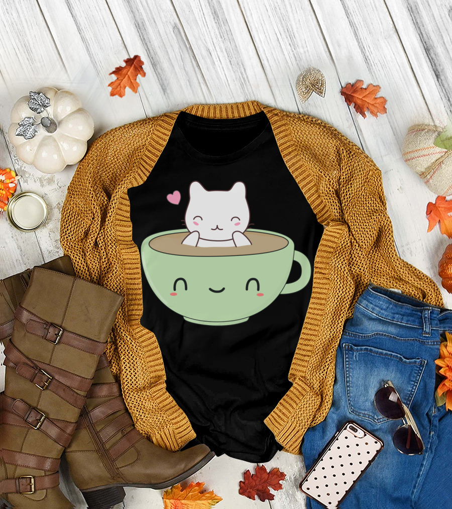 Cute And Funny Coffee Cat in Happy Mug with Heart T-Shirt
