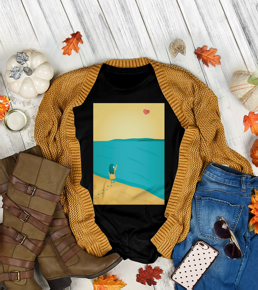 Heart Art Print B Girl Waving to Heart Over Ocean T-Shirt