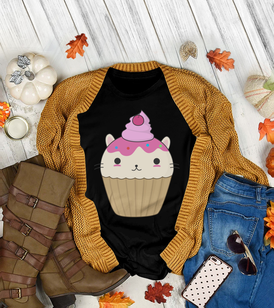 Cute Kawaii Cat Cupcake with Cherry and Sprinkles T-Shirt