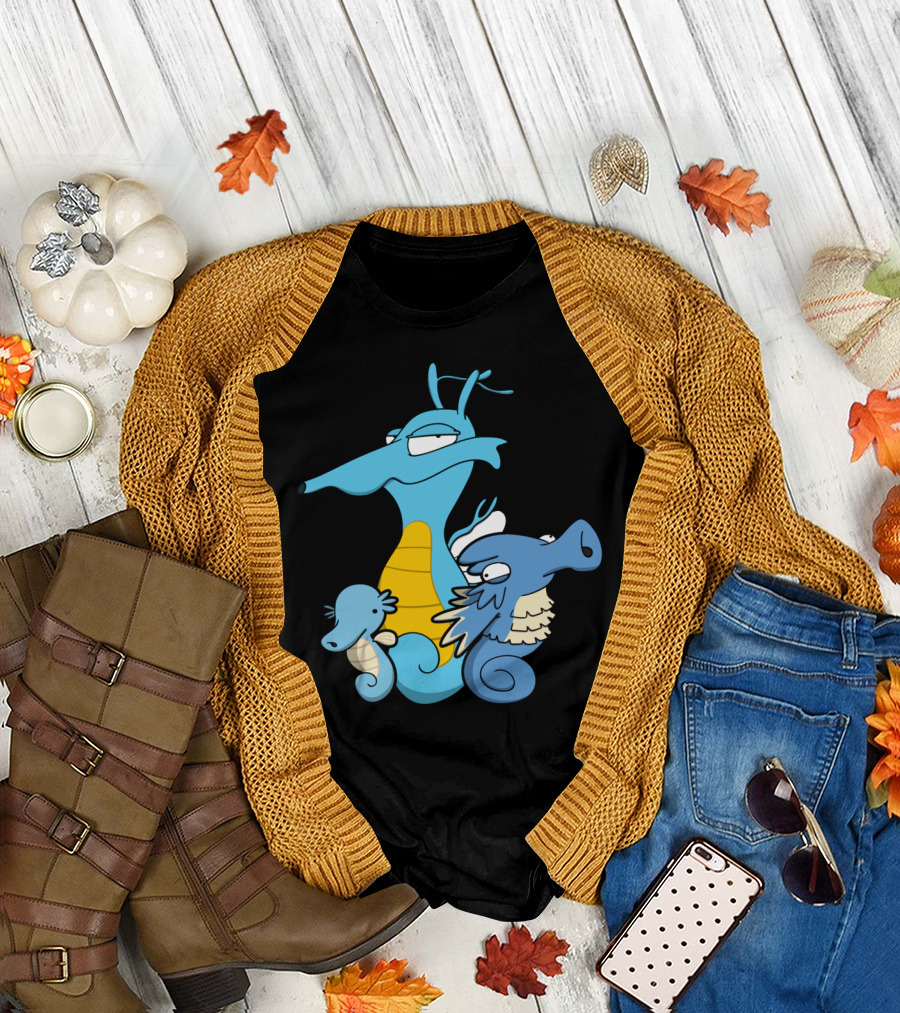 Seahorseysr Cartoon Style Seahorse Trio with Blue and Yellow Characters T-Shirt