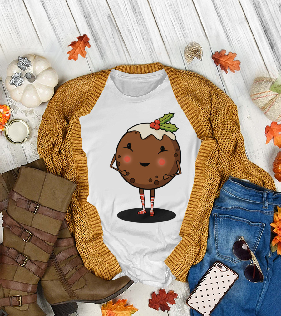 Just Pudding It Out There Festive Christmas Dessert Character with Holly and Candy Cane Stripes T-Shirt