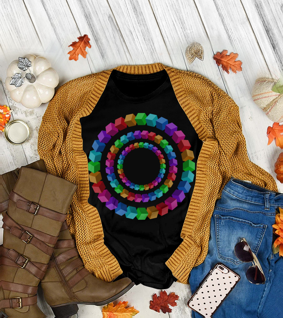 Colorful Geometric Cubes Circles Illusion T-Shirt