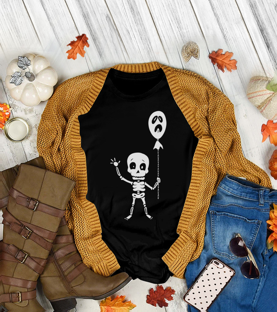 Skeleton Waves with Ghost Balloon Spooky T-Shirt
