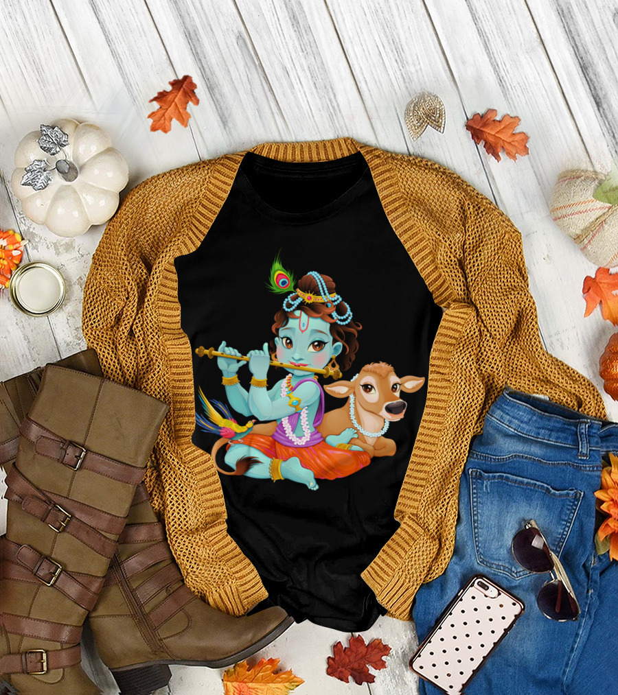 Baby Krishna with Sacred Cow Flute and Peacock Feather T-Shirt