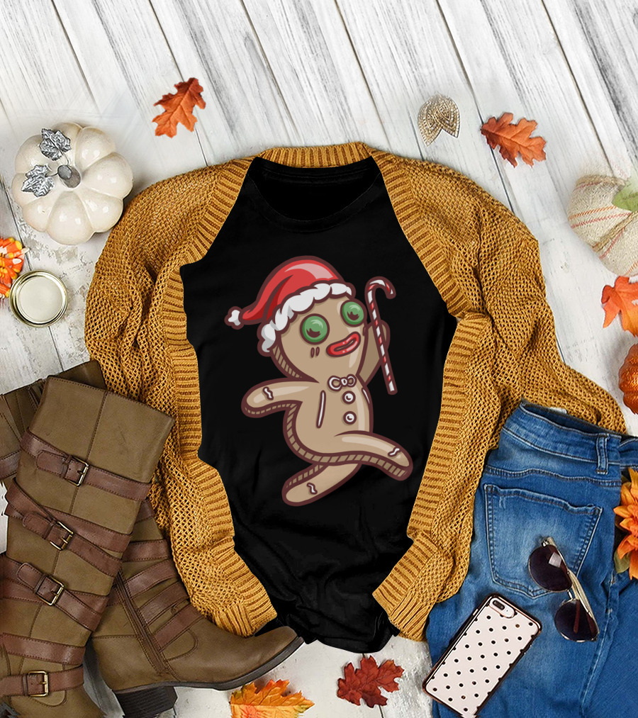 Gingerbread Man Santa Hat Candy Cane T-Shirt