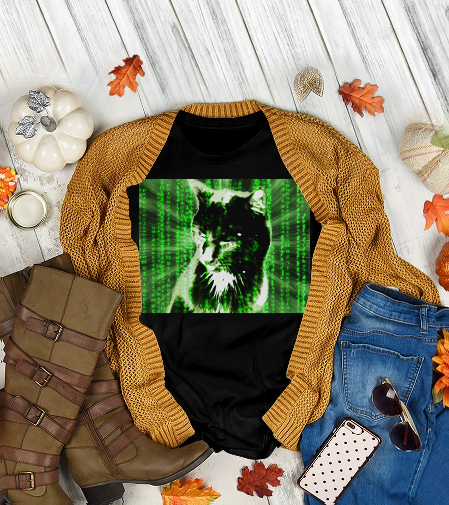 Digital Black Cat Matrix Code Green Effect T-Shirt