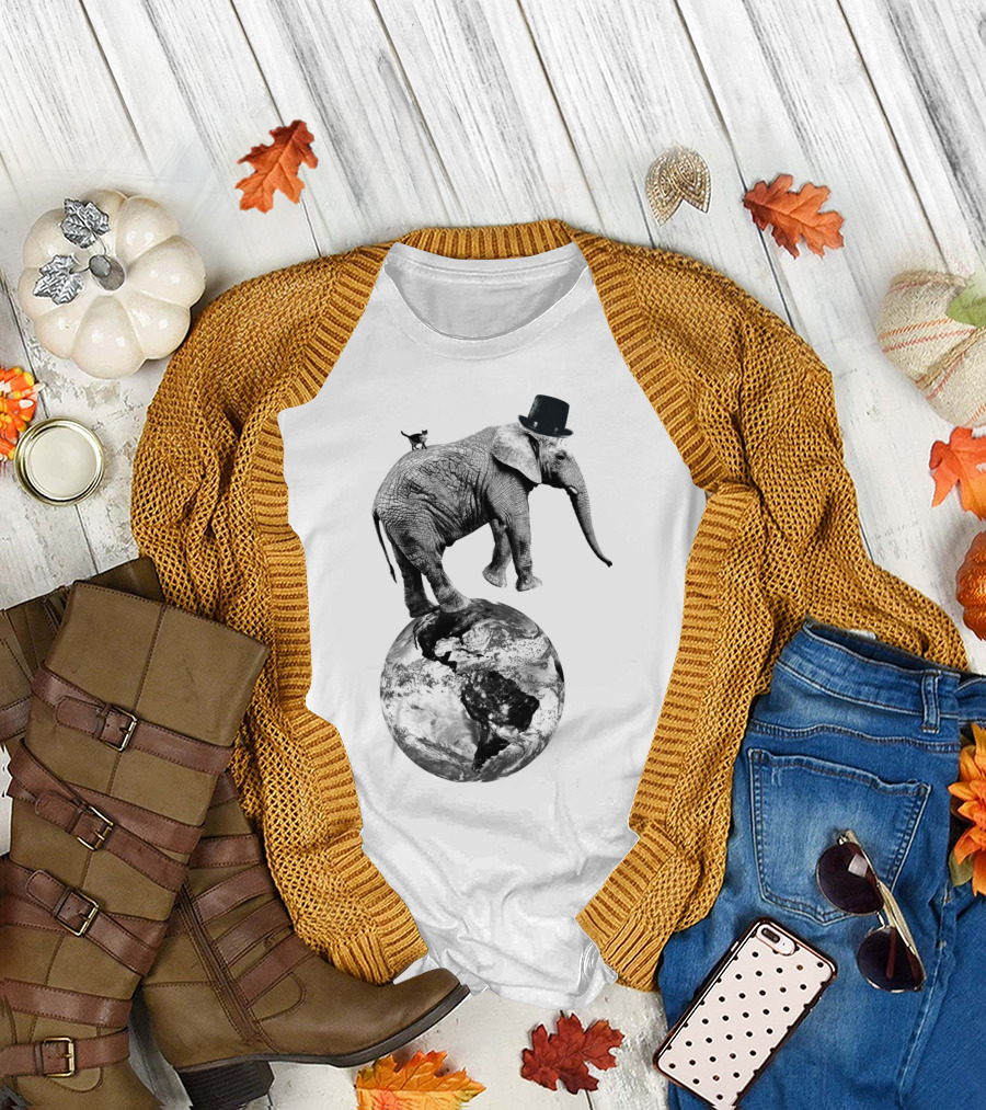 Elephant Balancing on Earth with Hat and Mouse T-Shirt