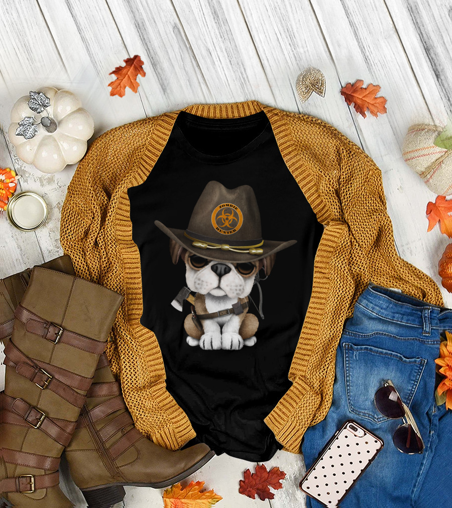 Cute Bulldog Puppy Zombie Hunter Biohazard Hat and Weapons T-Shirt