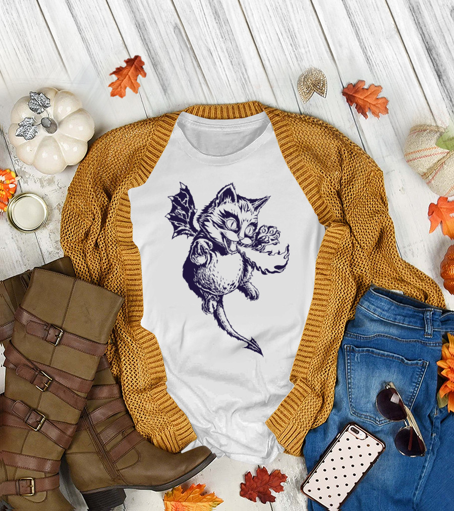 Cute But Deadly Dark Bat-Winged Cat Paw Flame T-Shirt