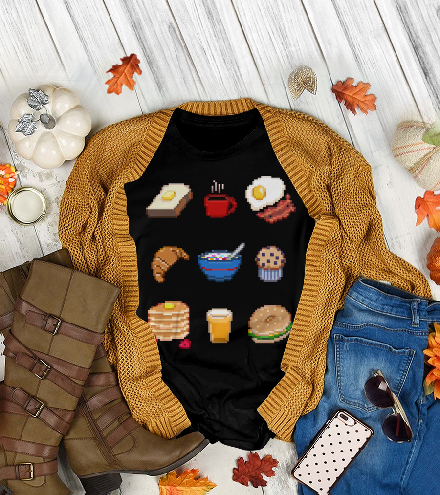 Breakfast Time Toast Eggs Muffin Pancakes Bagel Croissant Cereal Coffee Juice T-Shirt