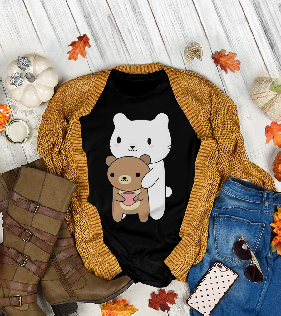 Cute Cat And Kawaii Bear Hugging with Coffee Cup T-Shirt