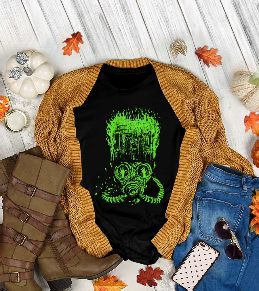 City On Fire Gas Mask Inferno Neon Green T-Shirt