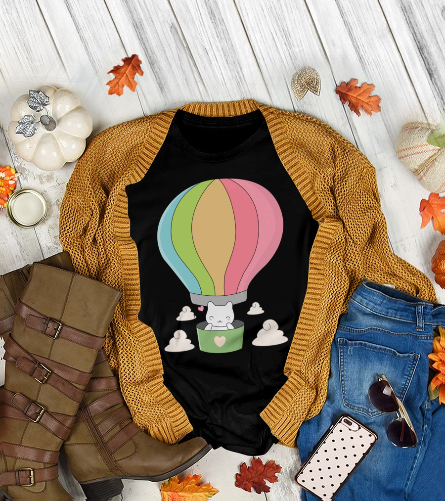 Cute Cat in Rainbow Hot Air Balloon with Heart and Clouds T-Shirt