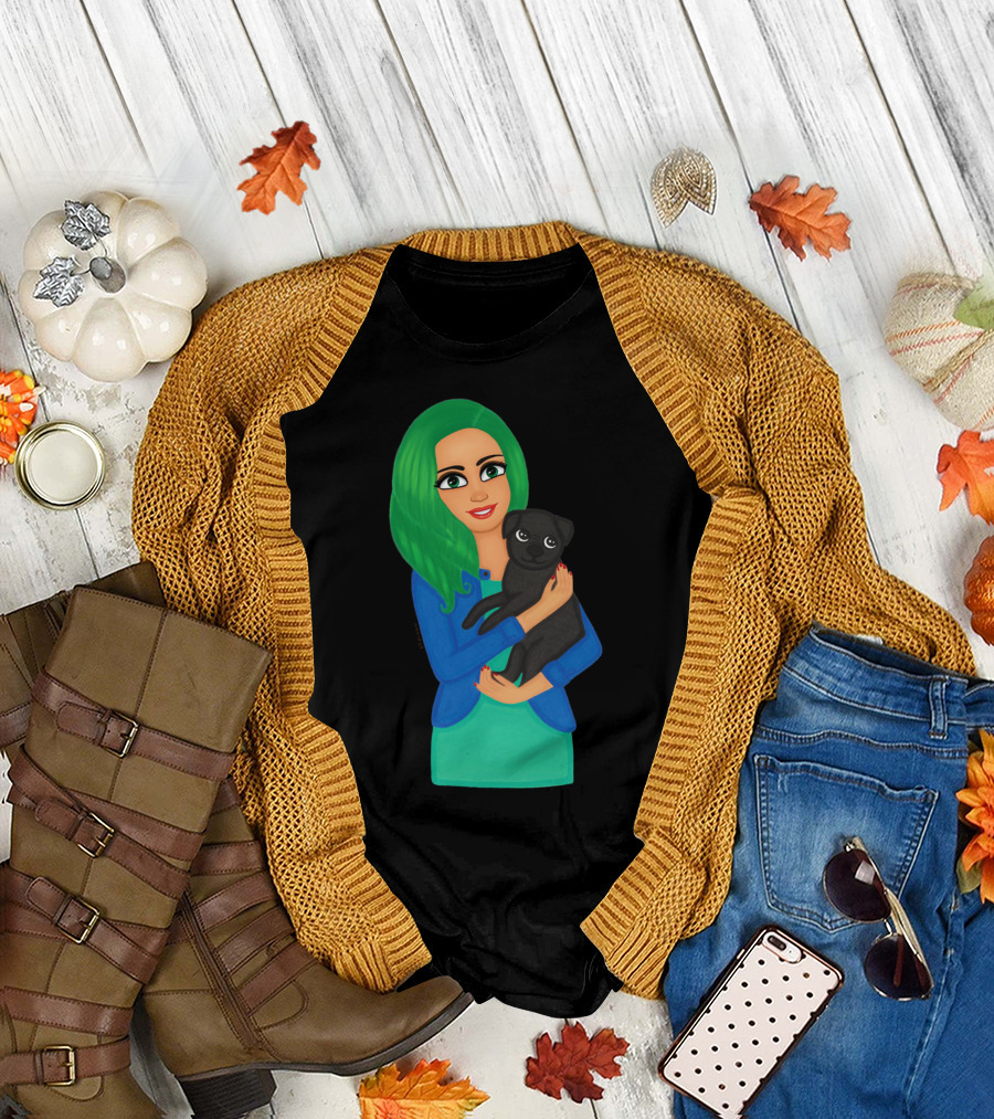 Girl with Green Hair Holding Black Dog T-Shirt
