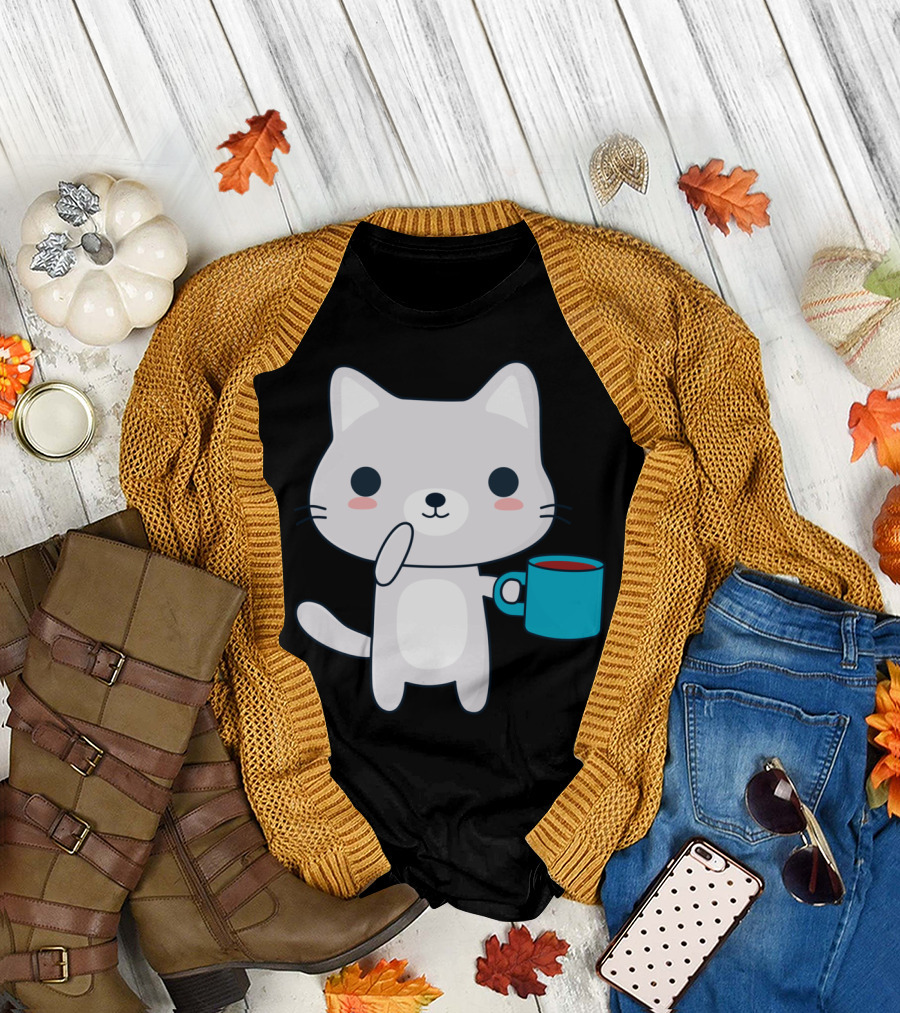 Cute Coffee Cat Holding Blue Mug T-Shirt